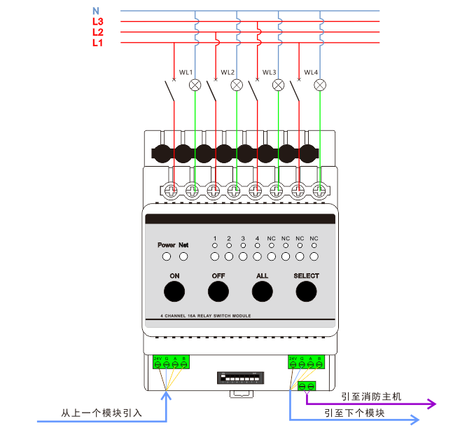 4路16A智能照明控制器接線圖